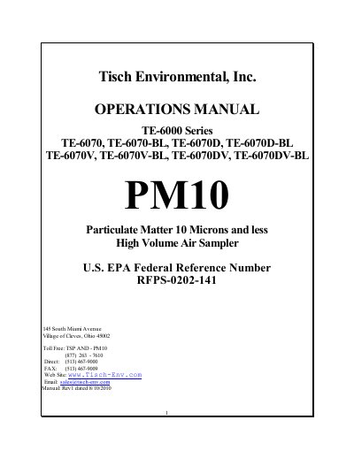 Tisch Environmental TE-6070 TE-6070-BL TE-6070D TE-6070D-BL TE-6070V TE-6070V-BL TE-6070DV TE-6070DV-BL OPERATIONS MANUAL - cover page