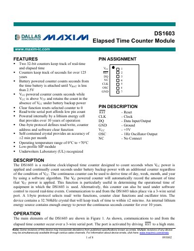 Maxim DS1603 Elapsed Time Counter Module Handbook - cover page