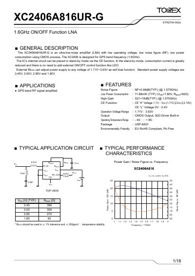 Torex XC2406A816UR-G 1.6GHz ON/OFF Function LNA Datasheet - cover page