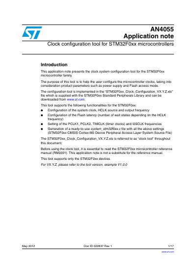 STMicroelectronics AN4055 STM32F0xx Clock Configuration Tool Application Note