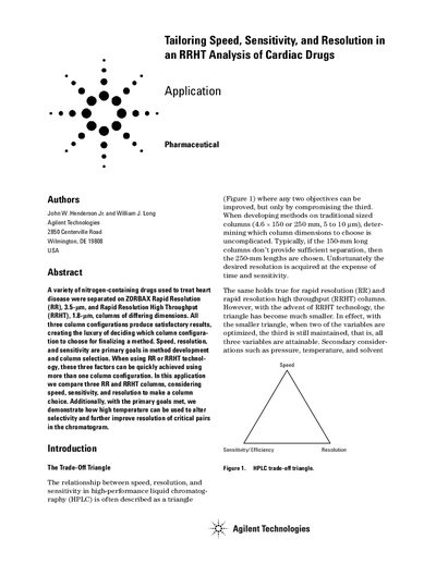 Agilent Tailoring Speed Sensitivity Resolution in an RRHT Analysis of Cardiac Drugs Application Note - cover page
