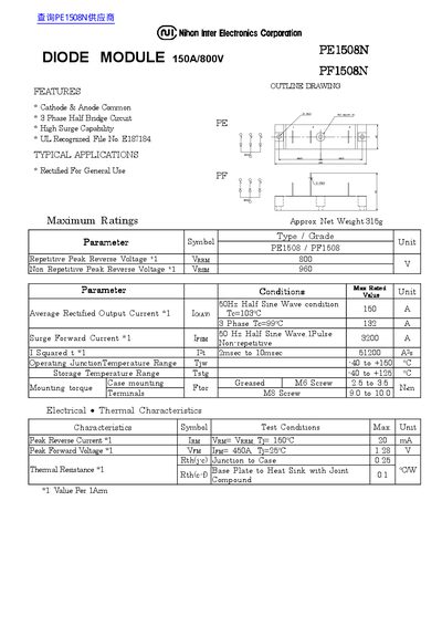 Nihon Inter Electronics PE1508N/PF1508N Diode Module Datasheet - cover page