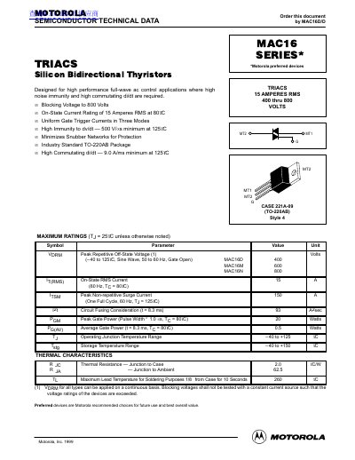 Motorola MAC16 Series Silicon Bidirectional Thyristors Datasheet
