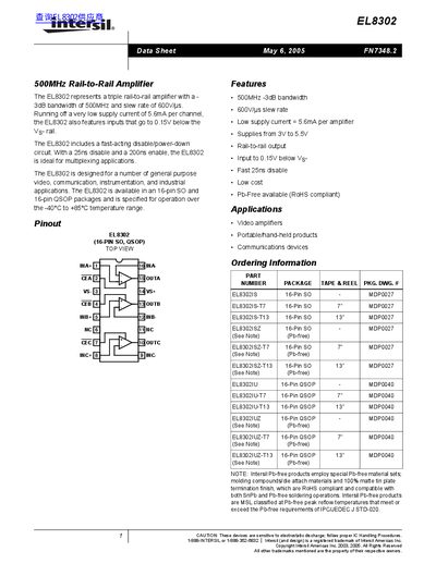 Intersil EL8302 500MHz Rail-to-Rail Amplifier Datasheet - cover page