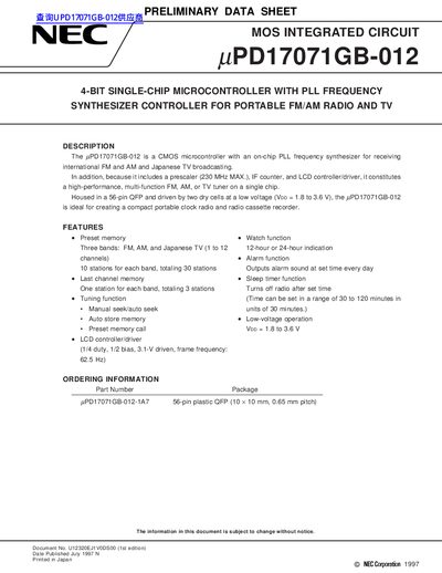 NEC uPD17071GB-012 Microcontroller Preliminary Data Sheet - cover page