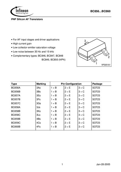 Infineon BC856–BC860 PNP Silicon AF Transistors Datasheet - cover page
