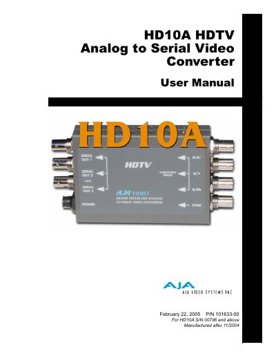 AJA HD10A HDTV Analog to Serial Video Converter User Manual - cover page