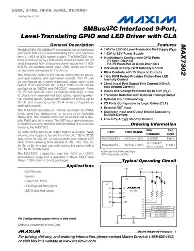 Maxim MAX7302 GPIO and LED Driver Datasheet - cover page