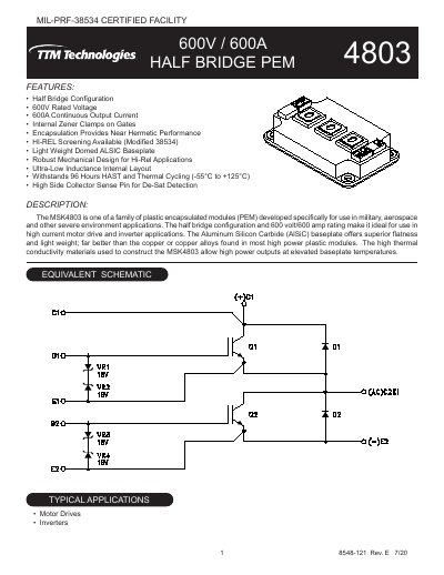 MSK MSK4803 Half Bridge PEM Module Datasheet