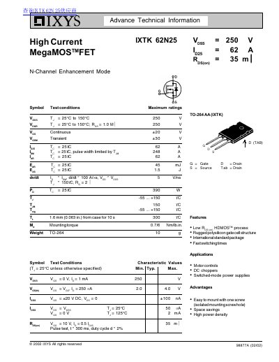 IXYS IXTK62N25 N-Channel MOSFET Datasheet - cover page