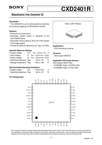 Sony CXD2401R Electronic Iris Control IC Datasheet - cover page