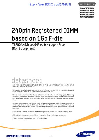 Samsung M393B2873FH0 datasheet  - cover page