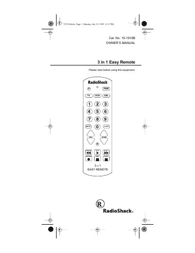 RadioShack 15-1916B User Manual for 3 in 1 Easy Remote - cover page