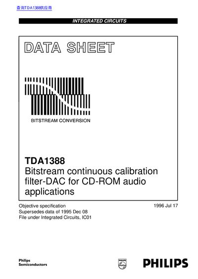 Philips TDA1388 Bitstream Continuous Calibration Filter-DAC Datasheet - cover page