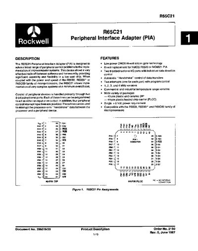 Rockwell R65C21 Peripheral Interface Adapter Datasheet - cover page