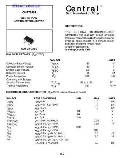 Central Semiconductor CMPT2484 NPN Silicon Low Noise Transistor Datasheet - cover page