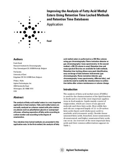Agilent FAME Analysis Using Retention Time Locked Methods Application Note - cover page