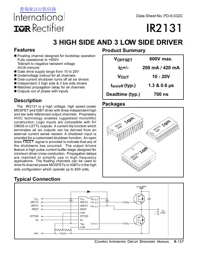 International Rectifier IR2131 High Voltage Driver Datasheet - cover page