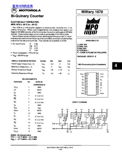 Motorola 1678 Bi-Quinary Counter Datasheet - cover page