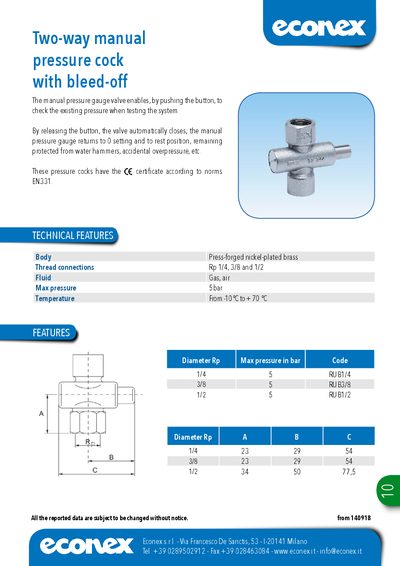 Econex Two-Way Manual Pressure Cock Technical Data Sheet - cover page
