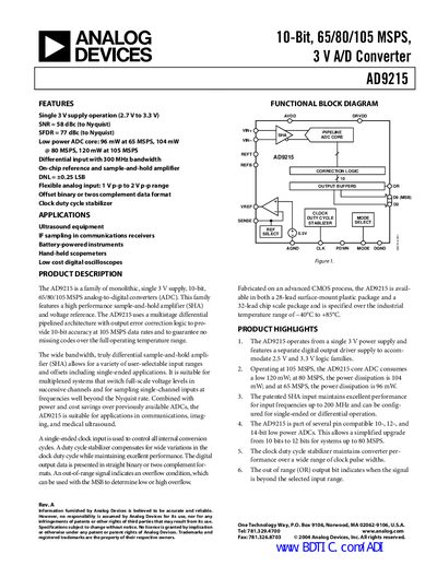 Analog Devices AD9215 10‑Bit ADC Datasheet - cover page