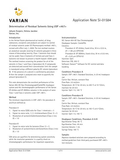 Varian 450-GC Gas Chromatograph Application Note for Residual Solvent Determination - cover page