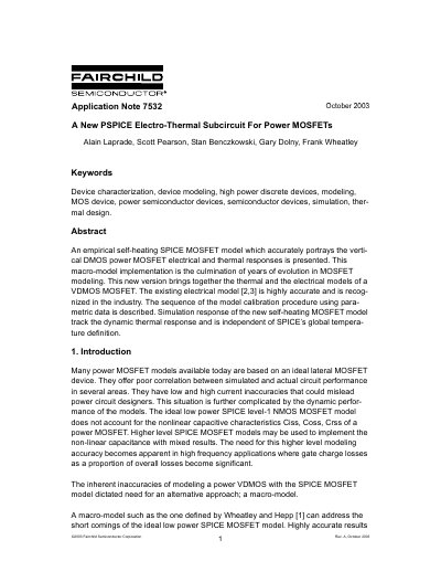 Fairchild Semiconductor Application Note 7532 PSPICE Electro-Thermal Subcircuit For Power MOSFETs - cover page