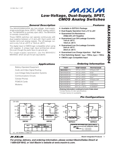 Maxim MAX4503/MAX4504 Low-Voltage Dual-Supply SPST CMOS Analog Switch Datasheet - cover page