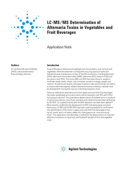 LC-MS/MS Determination of Alternaria Toxins in Vegetables and Fruit Beverages Application Note - cover page