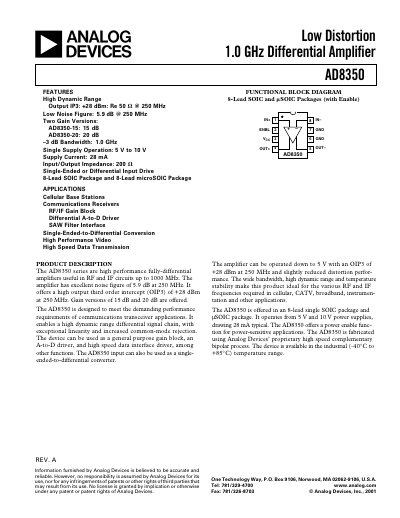 Analog Devices AD8350 Low Distortion 1.0 GHz Differential Amplifier Datasheet