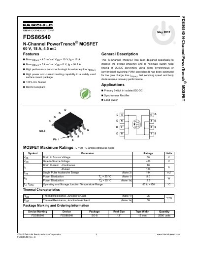Fairchild Semiconductor FDS86540 N-Channel PowerTrench MOSFET Datasheet - cover page
