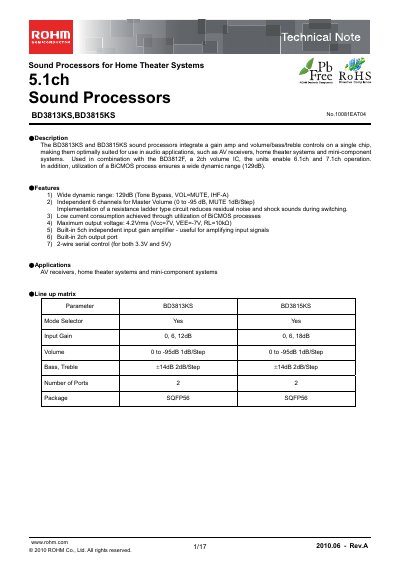 ROHM BD3813KS / BD3815KS Sound Processor Datasheet - cover page