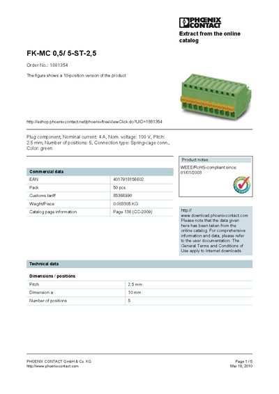 PHOENIX CONTACT FK-MC 0 5/ 5-ST-2 5 Order No.: 1881354 The figure shows a 10-position version of the product handbook - cover page