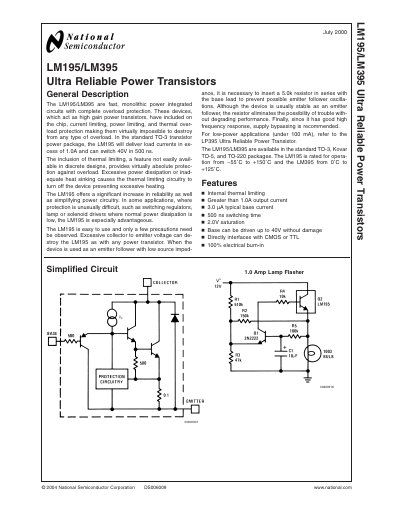 National Semiconductor LM195/LM395 Ultra Reliable Power Transistors Datasheet - cover page