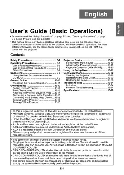 Casio XJ-S43W Projector User's Guide (Basic Operations) - cover page