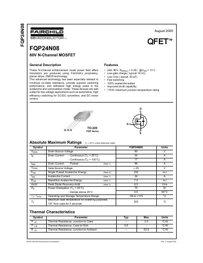 Fairchild FQP24N08 N-Channel MOSFET Datasheet - cover page