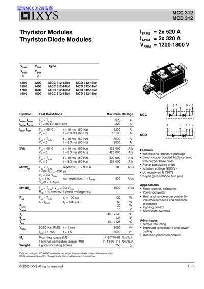 IXYS MCC 312/MCD 312 Thyristor Modules Datasheet - cover page