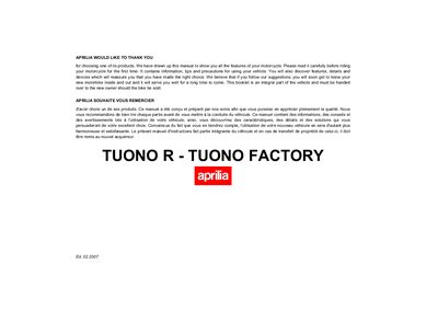 Aprilia Tuono R Factory USA-CND 2006 User Manual - cover page