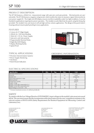 Lascar SP 100 3½ Digit LED Voltmeter Module Product Leaflet - cover page