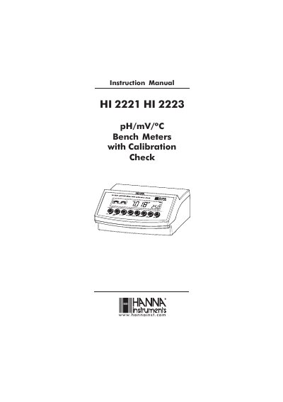 Hanna Instruments HI 2221/HI 2223 pH/mV/ºC Bench Meters Instruction Manual