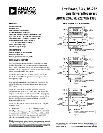 Analog Devices ADM3202/ADM3222/ADM1385 RS-232 Line Drivers/Receivers Datasheet - cover page