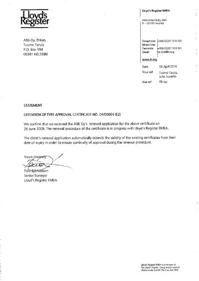 ABB Type Approval Certificate Extension Statement - cover page