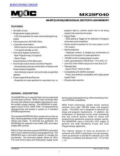 MXIC MX29F040 4-Mbit CMOS Equal Sector Flash Memory Datasheet - cover page