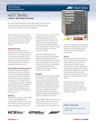 Allied Telesis x610 Series Layer 3+ Network Switches Product Information - cover page