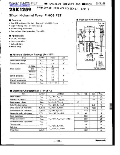 Panasonic 2SK1259 Power F-MOS FET Datasheet - cover page
