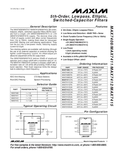 Maxim MAX7408/MAX7411/MAX7412/MAX7415 5th-Order Lowpass Elliptic Switched-Capacitor Filters Datasheet - cover page
