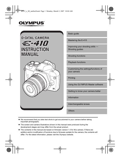Olympus E-410 Digital Camera Instruction Manual - cover page