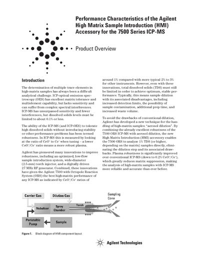 Agilent High Matrix Sample Introduction Accessory Performance Characteristics Manual for 7500 Series ICP-MS - cover page