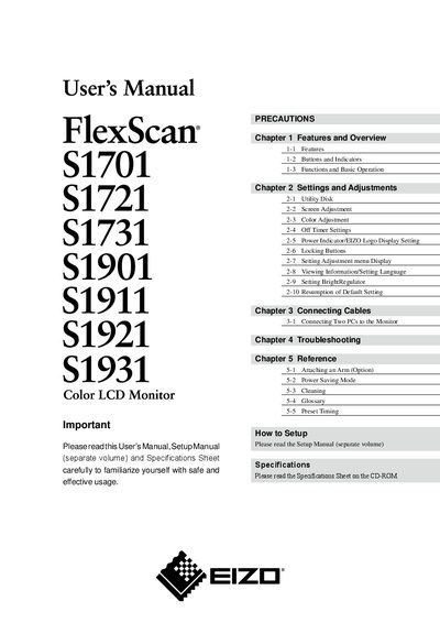 EIZO FlexScan S1701/S1721/S1731/S1901/S1911/S1921/S1931 Color LCD Monitor User Manual - cover page