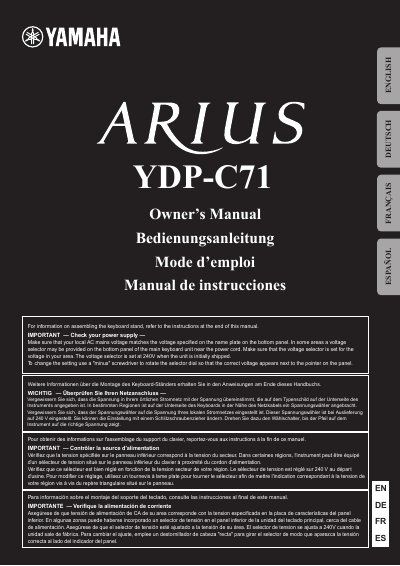 Yamaha YDP-C71 Digital Piano Owner's Manual - cover page